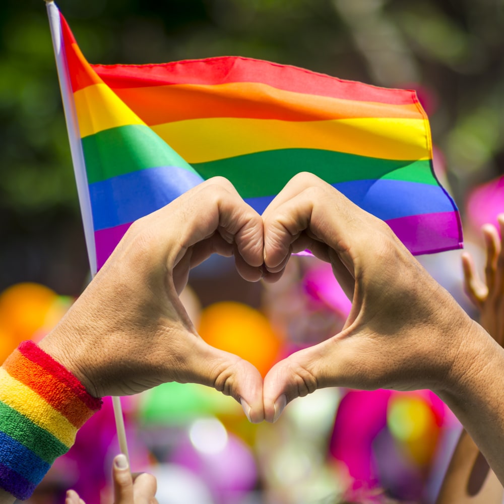 Two white hands shaped as hearts in front of Pride flag